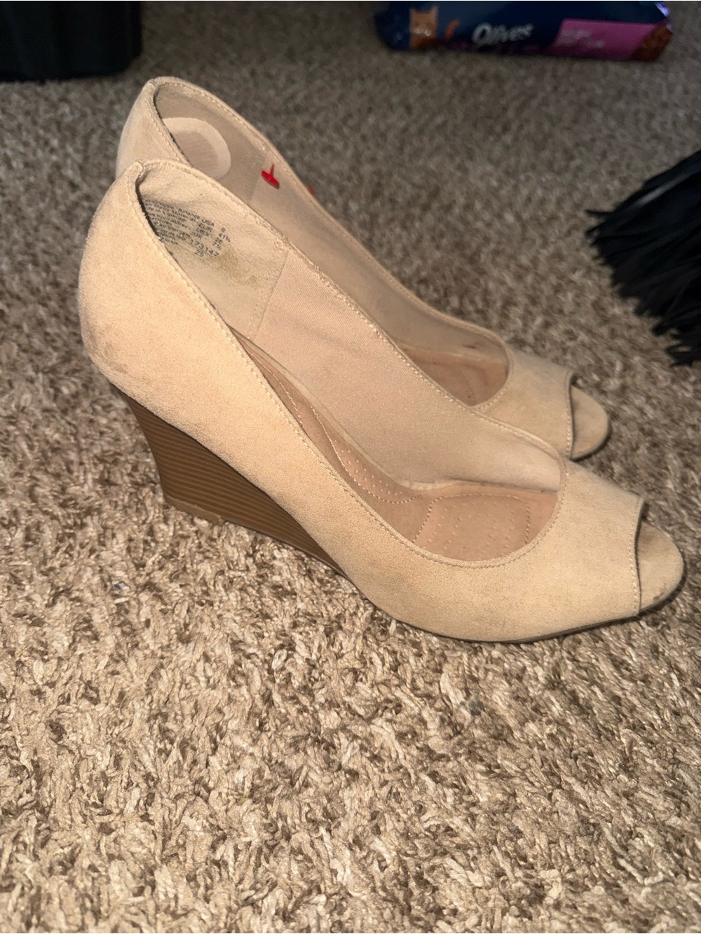 Women's Beige Suede Peep-Toe Wedge Heels